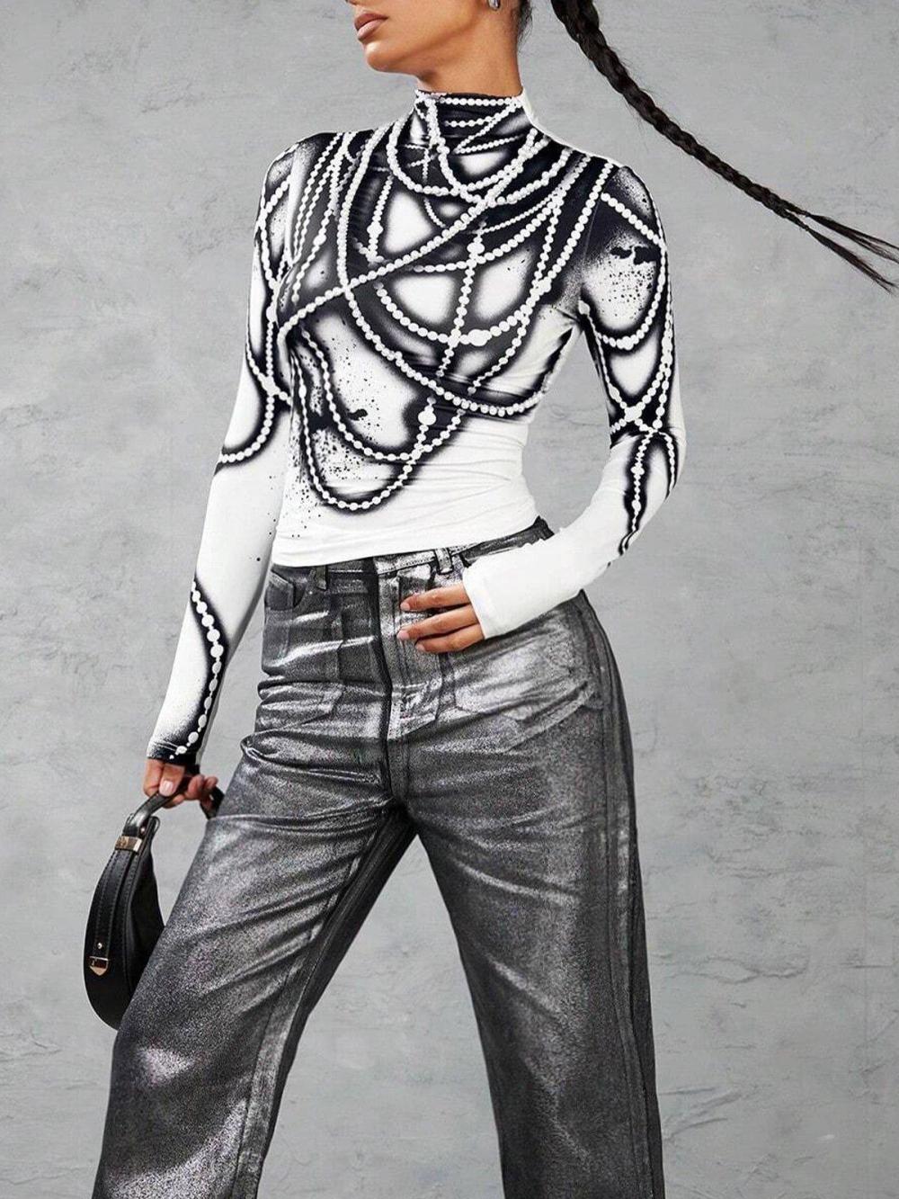 Women Mock Neck Printing Urban T-Shirt | Tees