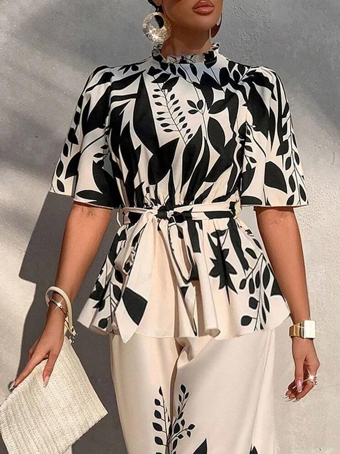 Women Elegant Floral Printing Lotus Leaf Collar Blouse With Belt | Blouses & Shirts