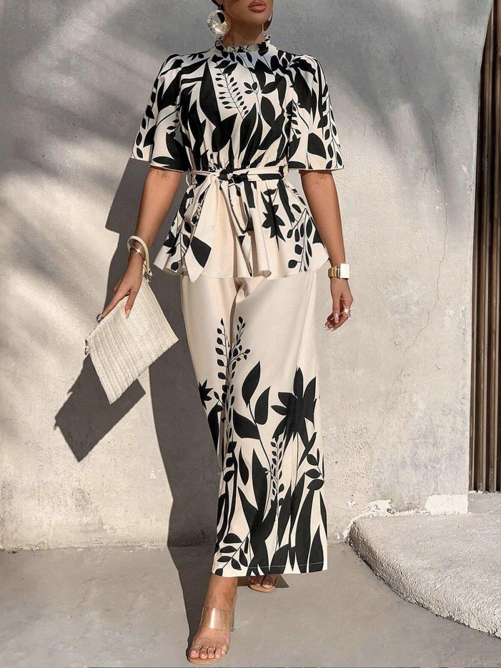 Women Elegant Floral Printing Lotus Leaf Collar Blouse With Belt | Blouses & Shirts