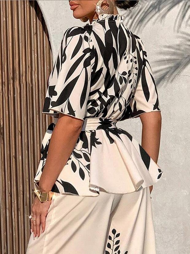 Women Elegant Floral Printing Lotus Leaf Collar Blouse With Belt | Blouses & Shirts