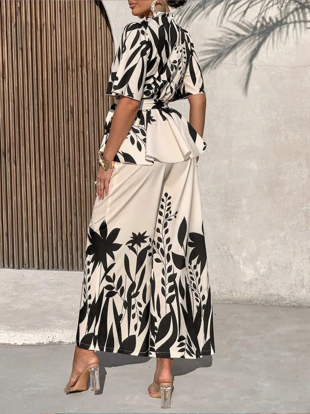 Women Elegant Floral Printing Lotus Leaf Collar Blouse With Belt | Blouses & Shirts